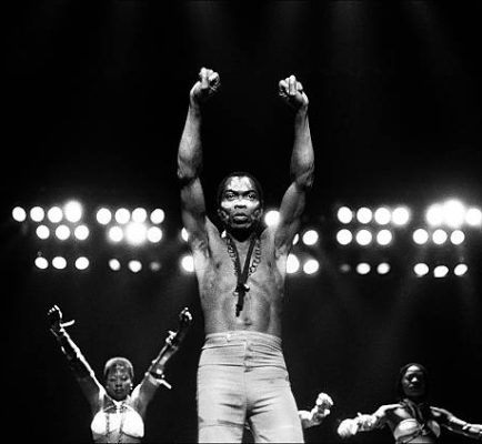 DETROIT - NOVEMBER7 7:  Musician Fela Kuti performs at Orchestra Hall in Detroit, Michigan, on November 7, 1986 in Detroit, Michigan. (Photo by Leni Sinclair/Michael Ochs Archives/Getty Images)